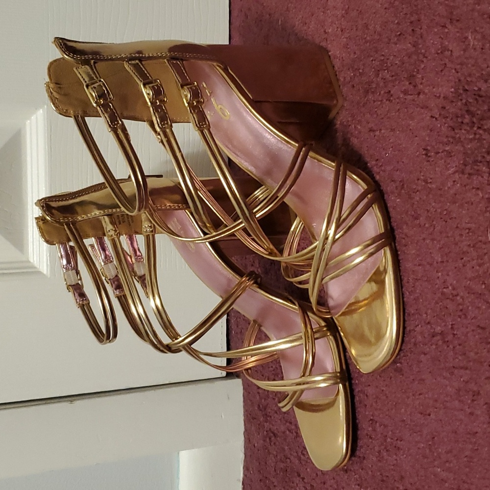 Strappy stacked heels